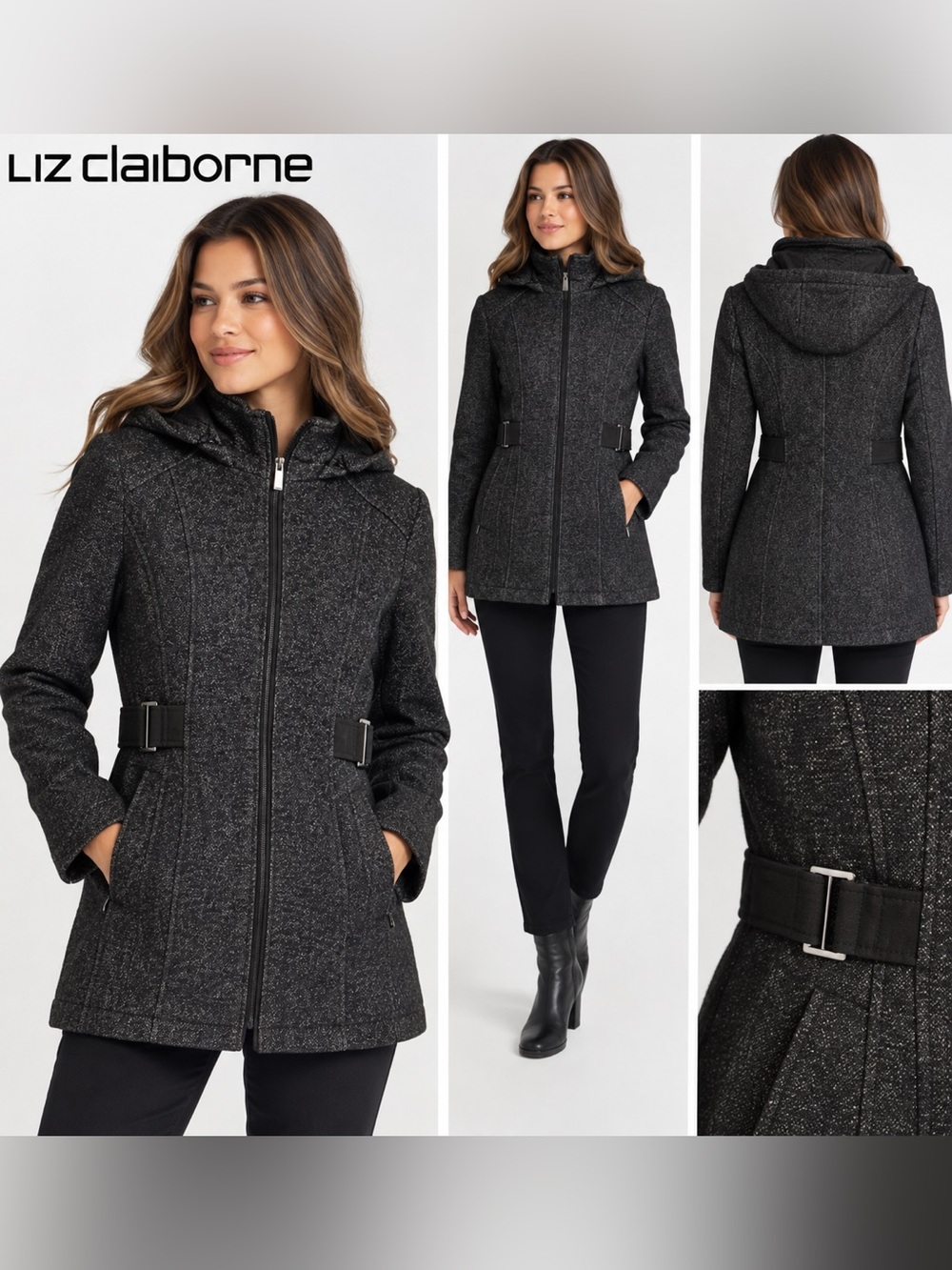 Liz Claiborne Women’s Small Black Charcoal Hooded Belted Jacket Coat Zip Front
